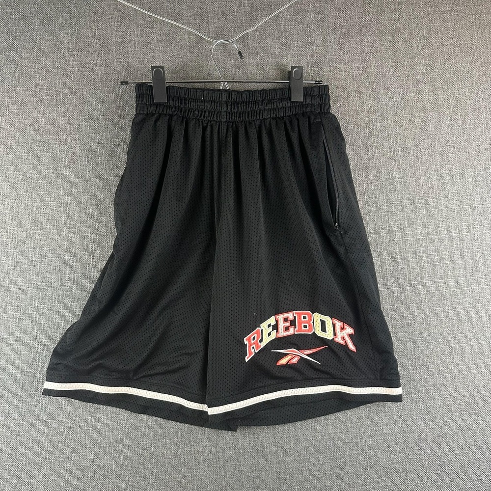 Reebok Shorts Mens Small Black Athletic Basketball Mesh Logo Drawstring Pockets